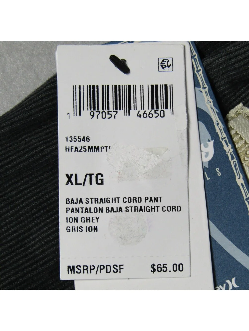 NWT Hurley Baja Straight Leg Corduroy Pants Men's XL Ion Grey